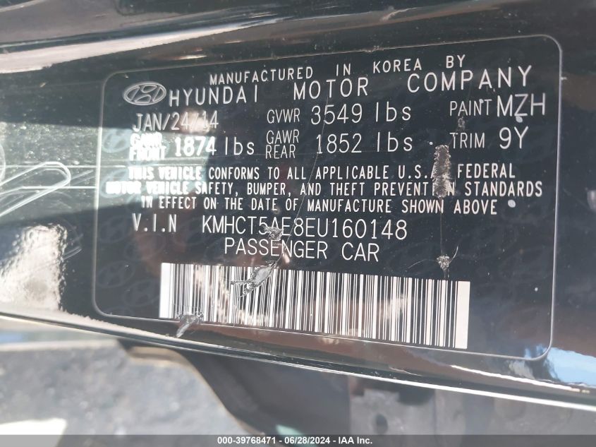2014 Hyundai Accent Gs VIN: KMHCT5AE8EU160148 Lot: 39768471