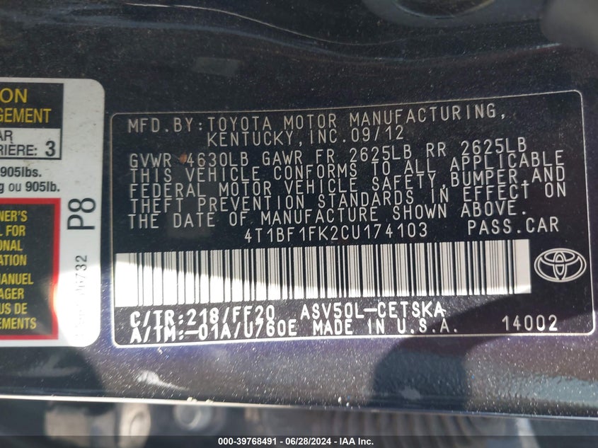 2012 Toyota Camry Se/Le/Xle VIN: 4T1BF1FK2CU174103 Lot: 39768491