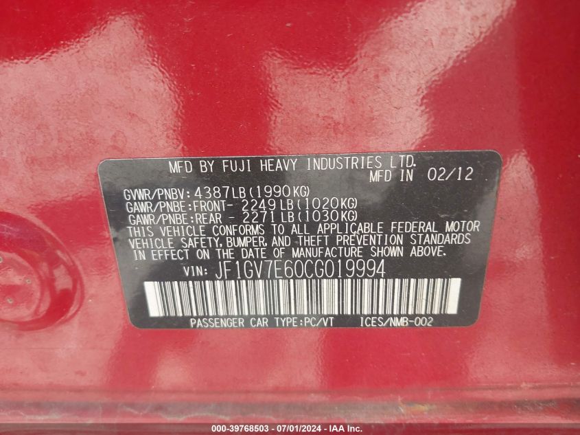 2012 Subaru Impreza Wrx VIN: JF1GV7E60CG019994 Lot: 39768503