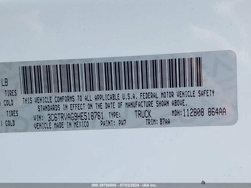 2017 RAM PROMASTER 1500 LOW ROOF 136 WB - 3C6TRVAG9HE518761