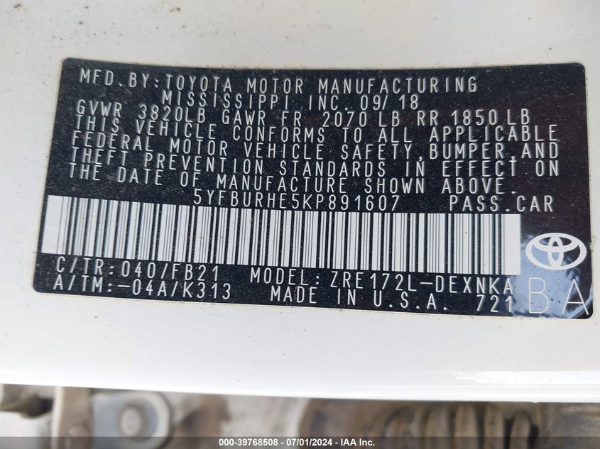 2019 TOYOTA COROLLA LE - 5YFBURHE5KP891607