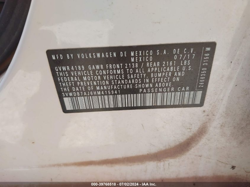 2017 Volkswagen Jetta Se VIN: 3VWDB7AJ6HM415941 Lot: 39768518