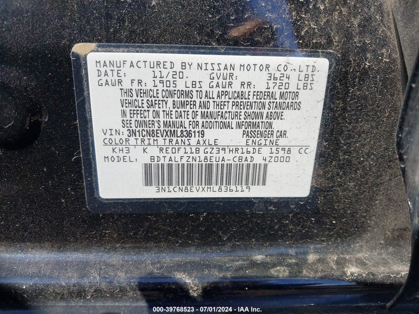 2021 Nissan Versa Sv Xtronic Cvt VIN: 3N1CN8EVXML836119 Lot: 39768523