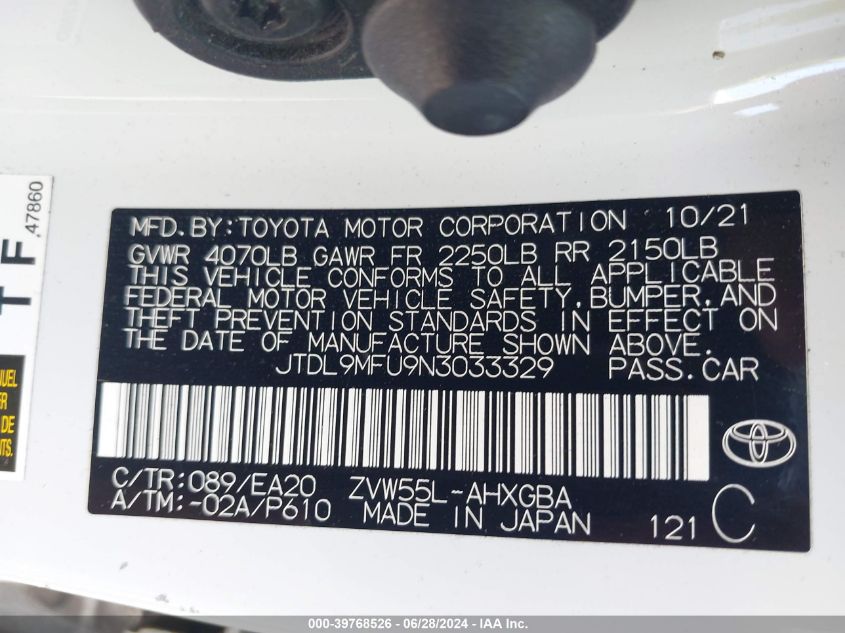 2022 Toyota Prius Xle Awd-E VIN: JTDL9MFU9N3033329 Lot: 39768526