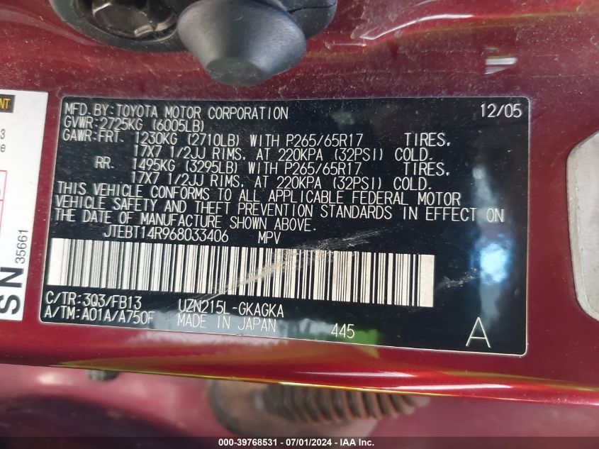 2006 Toyota 4Runner Sr5 Sport V8 VIN: JTEBT14R968033406 Lot: 39768531