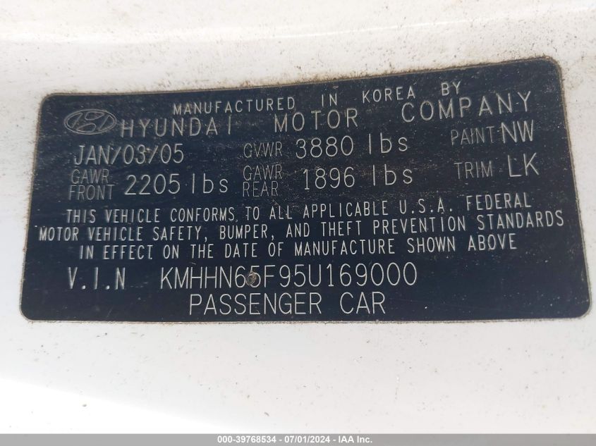 2005 Hyundai Tiburon Gt/Se VIN: KMHHN65F95U169000 Lot: 39768534