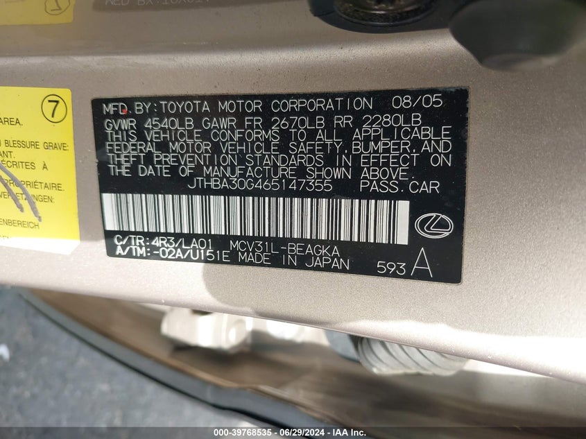 2006 Lexus Es 330 VIN: JTHBA30G465147355 Lot: 39768535