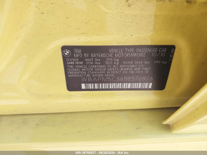 2011 BMW 335I VIN: WBAPM5C56BE576976 Lot: 39768537