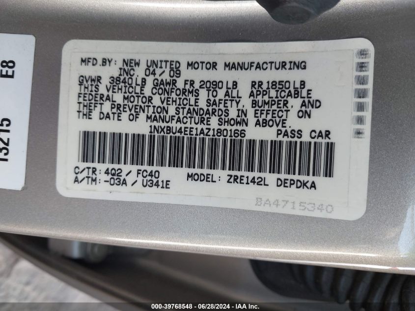 2010 Toyota Corolla S/Le/Xle VIN: 1NXBU4EE1AZ180166 Lot: 39768548