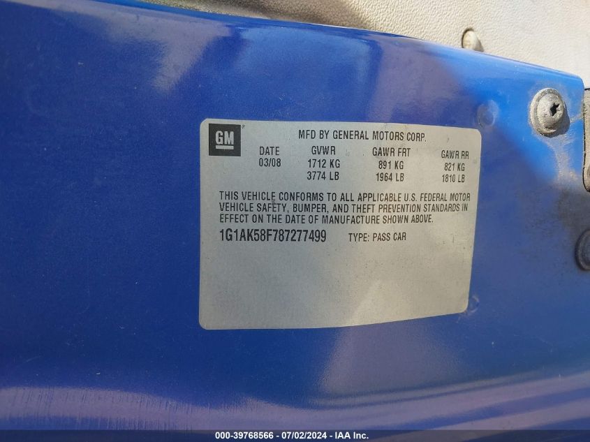 2008 Chevrolet Cobalt Ls VIN: 1G1AK58F787277499 Lot: 39768566