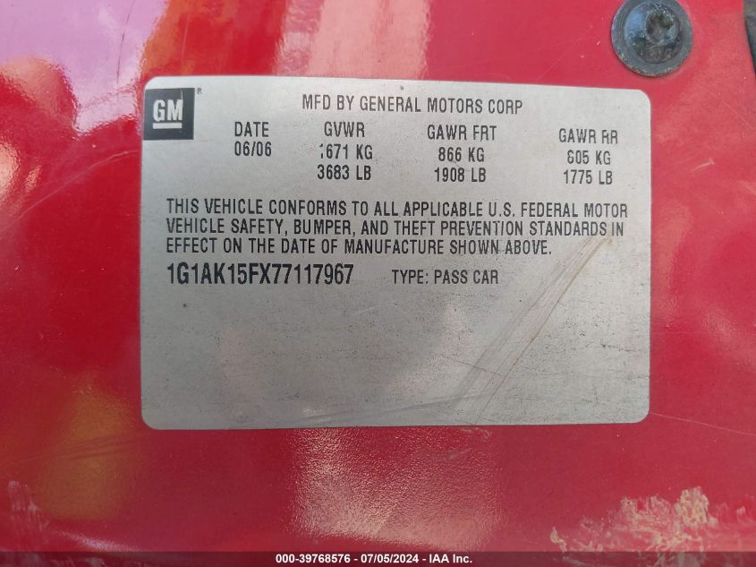 2007 Chevrolet Cobalt Ls VIN: 1G1AK15FX77117967 Lot: 39768576