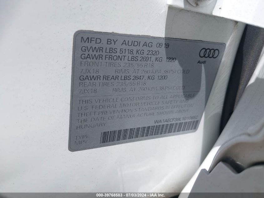 2020 Audi Q3 Premium 45 Tfsi Quattro Tiptronic VIN: WA1AECF39L1010852 Lot: 39768583