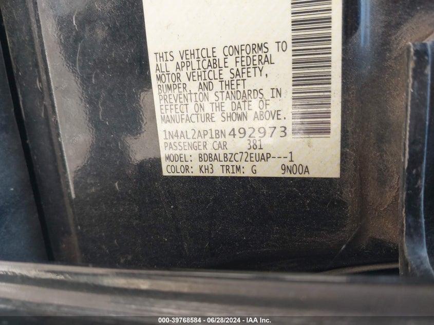 2011 Nissan Altima 2.5 S VIN: 1N4AL2AP1BN492973 Lot: 39768584