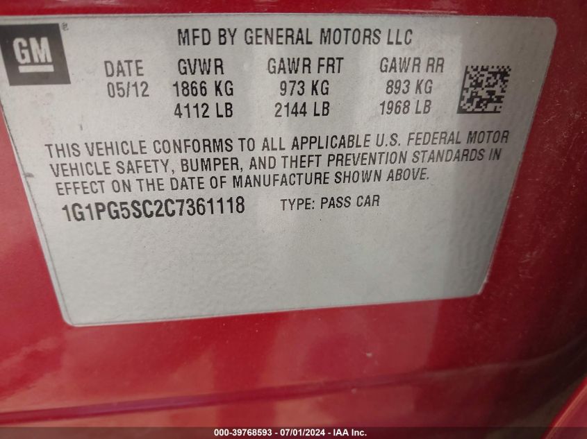 2012 Chevrolet Cruze 2Lt VIN: 1G1PG5SC2C7361118 Lot: 39768593