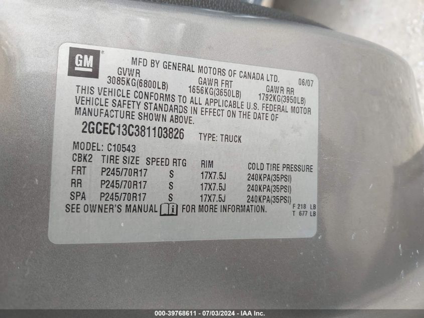 2008 Chevrolet Silverado 1500 Ls VIN: 2GCEC13C381103826 Lot: 39768611