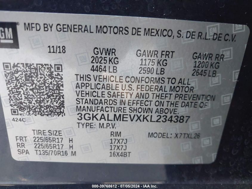 2019 GMC Terrain Sle VIN: 3GKALMEVXKL234387 Lot: 39768612