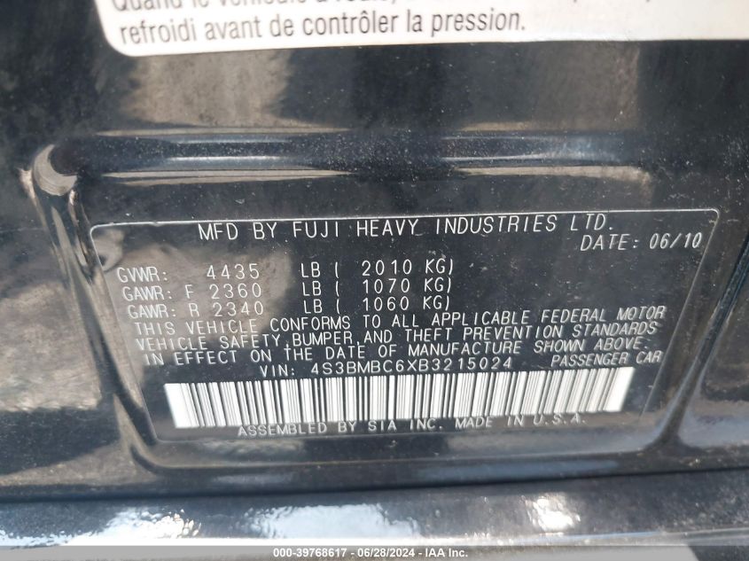 2011 Subaru Legacy 2.5I Premium VIN: 4S3BMBC6XB3215024 Lot: 39768617