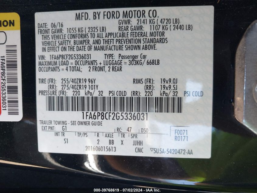 2016 Ford Mustang Gt Premium VIN: 1FA6P8CF2G5336031 Lot: 39768619