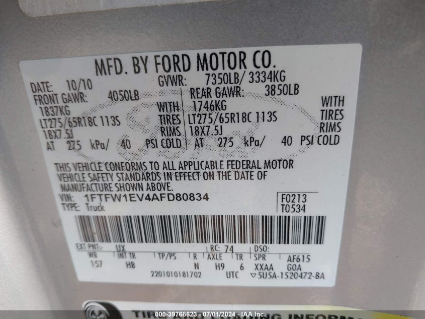 2010 Ford F-150 Fx4/Harley-Davidson/King Ranch/Lariat/Platinum/Xl/Xlt VIN: 1FTFW1EV4AFD80834 Lot: 39768623