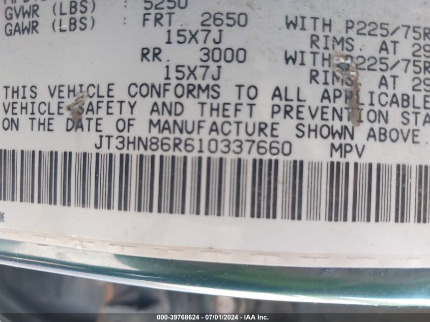 2001 Toyota 4Runner Sr5 V6 VIN: JT3HN86R610337660 Lot: 39768624