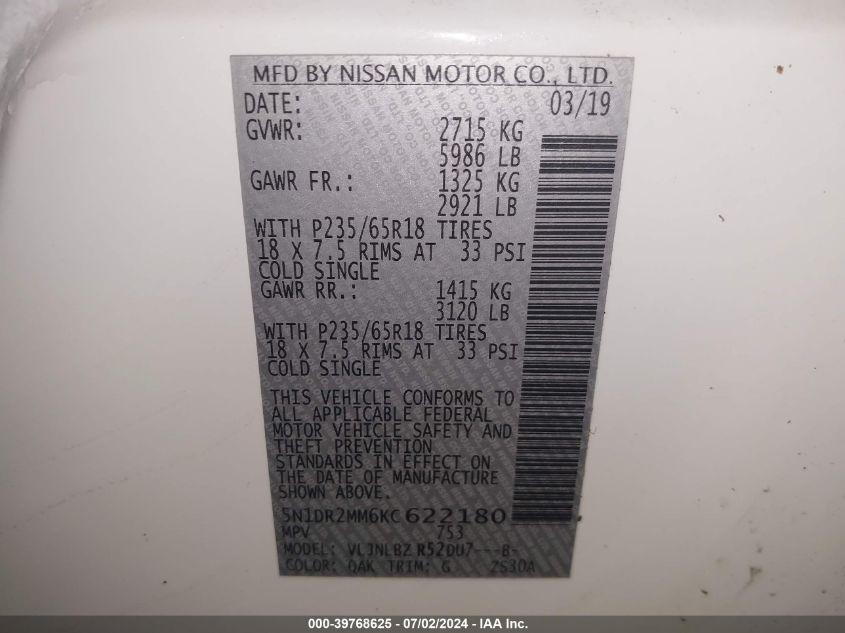 2019 Nissan Pathfinder S VIN: 5N1DR2MM6KC622180 Lot: 39768625