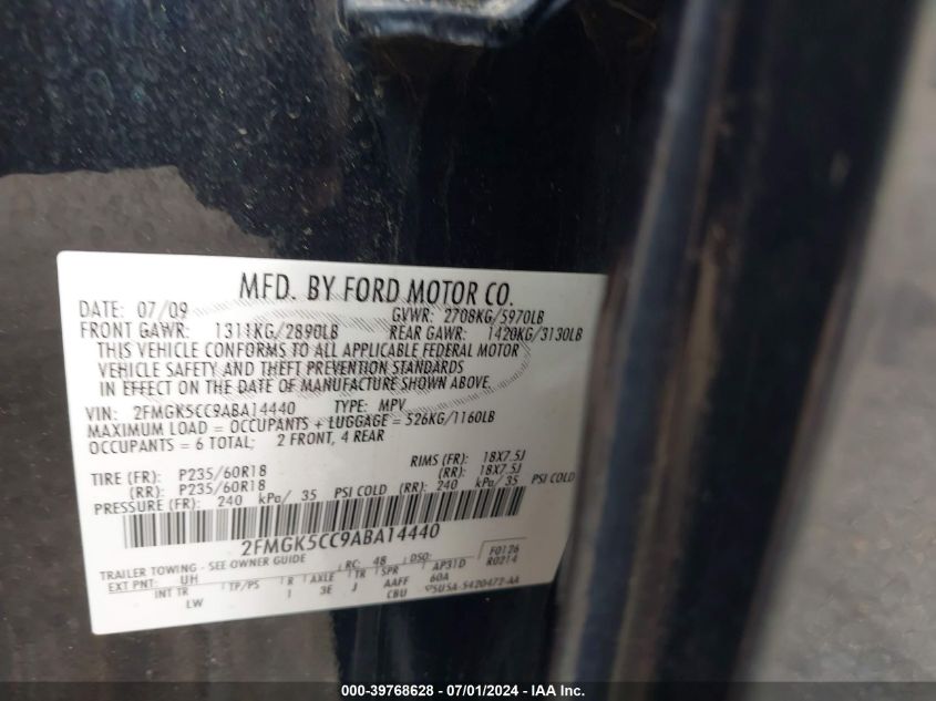 2010 Ford Flex Sel VIN: 2FMGK5CC9ABA14440 Lot: 39768628