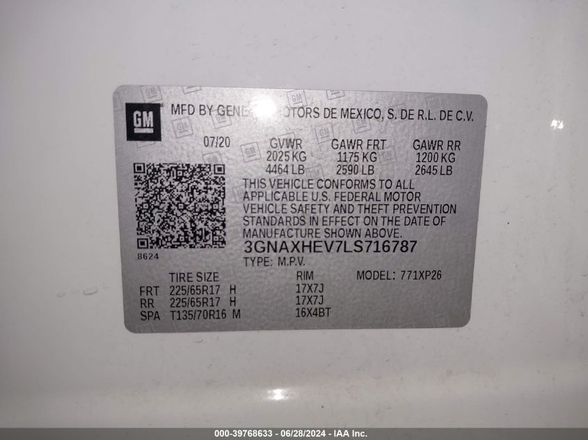 2020 Chevrolet Equinox Ls VIN: 3GNAXHEV7LS71678 Lot: 39768633