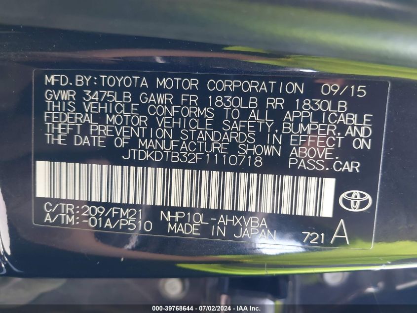 JTDKDTB32F1110718 2015 Toyota Prius C Two