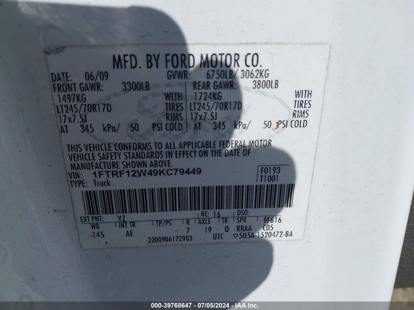 2009 Ford F-150 Stx/Xl/Xlt VIN: 1FTRF12W49KC79449 Lot: 39768647