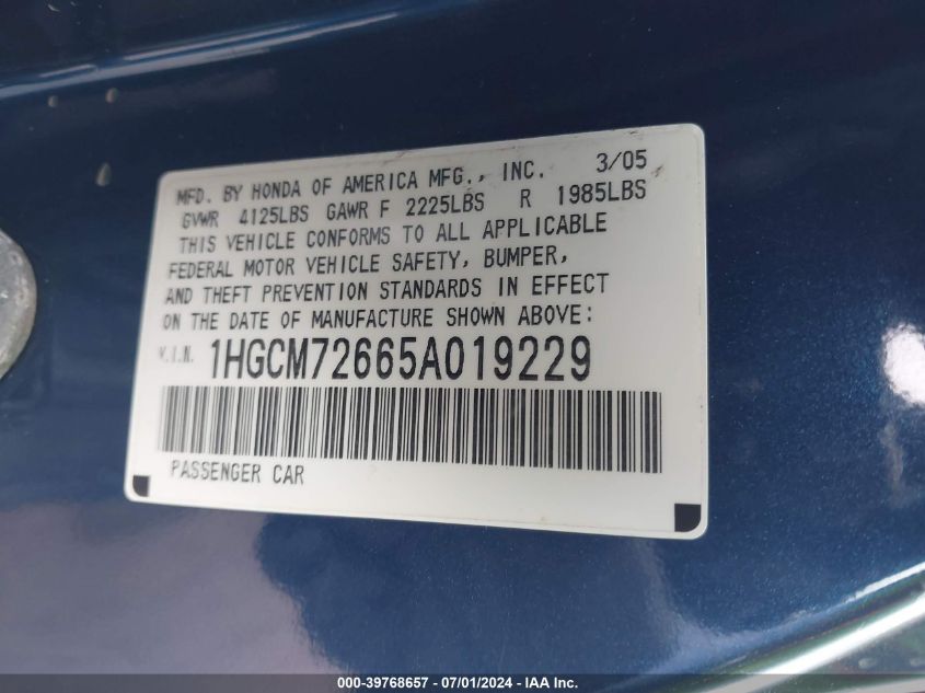 2005 Honda Accord 2.4 Ex VIN: 1HGCM72665A019229 Lot: 39768657
