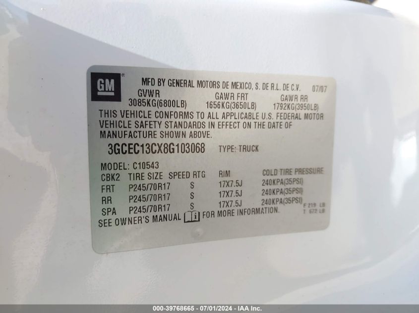 2008 Chevrolet Silverado 1500 Ls VIN: 3GCEC13CX8G103068 Lot: 39768665