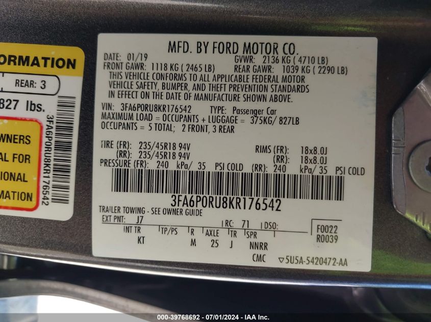 2019 Ford Fusion Hybrid Titanium VIN: 3FA6P0RU8KR176542 Lot: 39768692