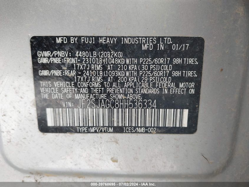 2017 Subaru Forester Premium VIN: JF2SJAGC8HH536334 Lot: 39768695