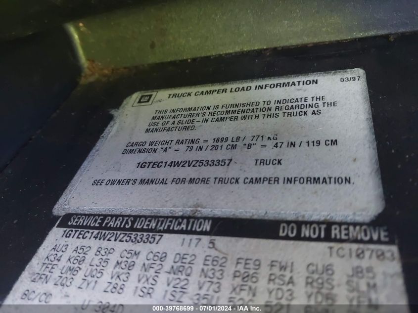 1997 GMC Sierra 1500 Sl Wideside VIN: 1GTEC14W2VZ533357 Lot: 39768699