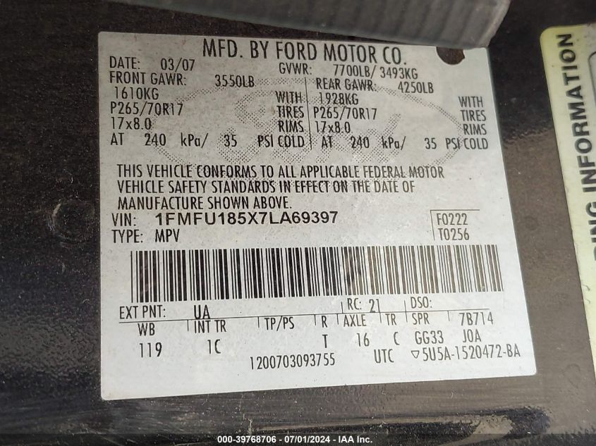 2007 Ford Expedition Eddie Bauer VIN: 1FMFU185X7LA69397 Lot: 39768706