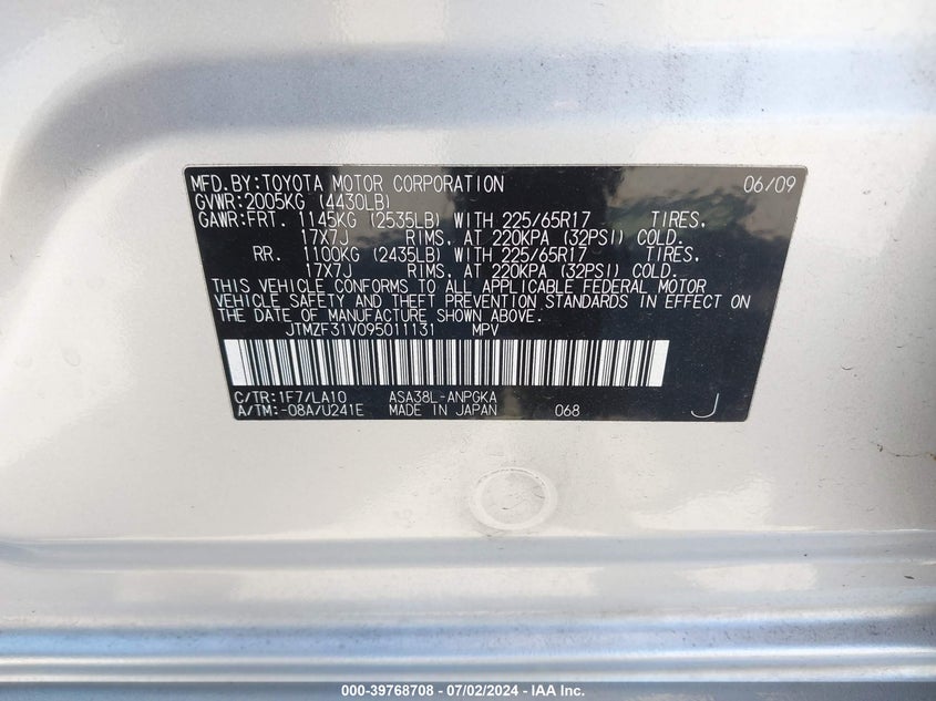 2009 Toyota Rav4 Limited VIN: JTMZF31V095011131 Lot: 39768708