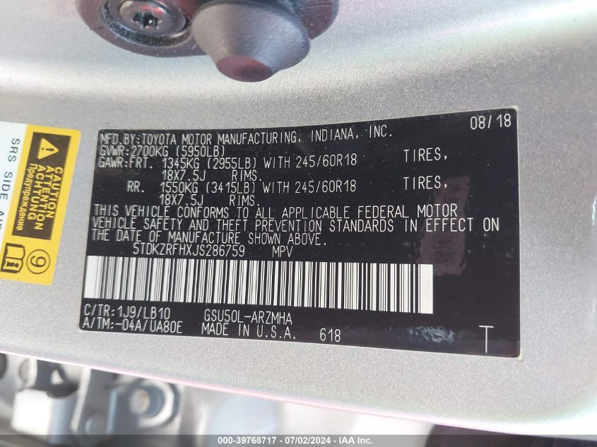 2018 Toyota Highlander Xle VIN: 5TDKZRFHXJS286759 Lot: 39768717