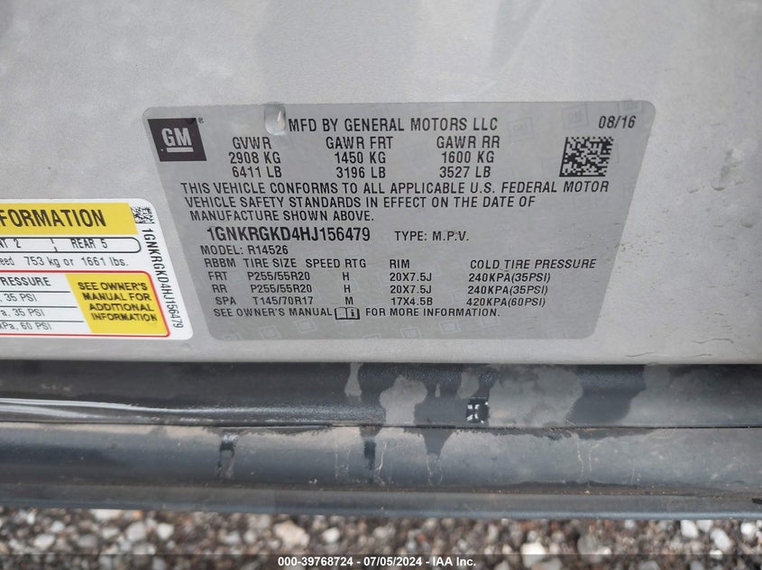 2017 Chevrolet Traverse 1Lt VIN: 1GNKRGKD4HJ156479 Lot: 39768724