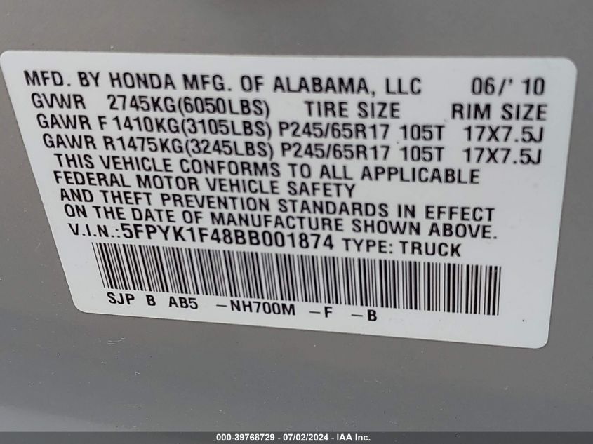 2011 Honda Ridgeline Rts VIN: 5FPYK1F48BB001874 Lot: 39768729