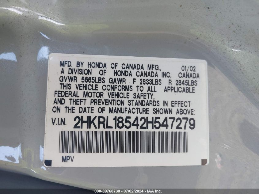 2002 Honda Odyssey Lx VIN: 2HKRL18542H547279 Lot: 39768730