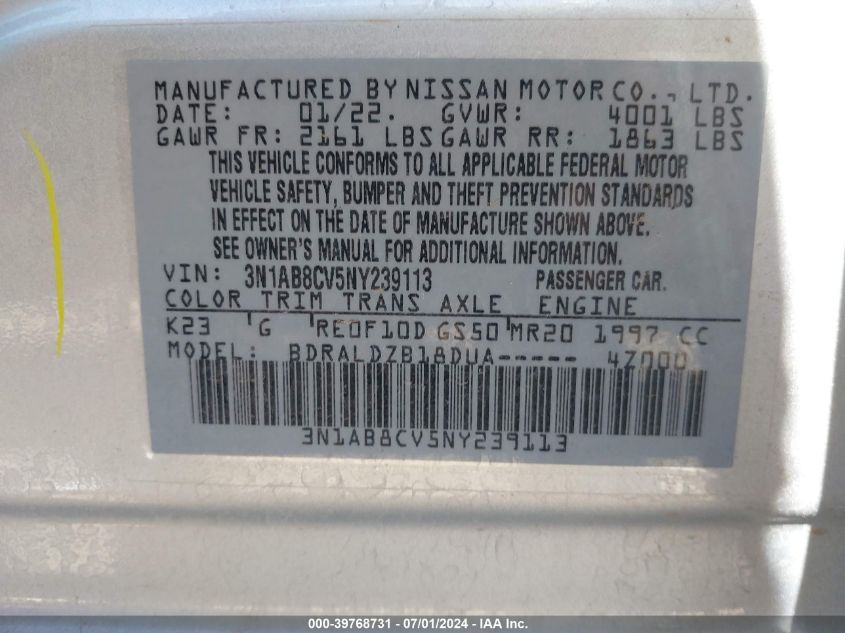 2022 Nissan Sentra Sv Xtronic Cvt VIN: 3N1AB8CV5NY239113 Lot: 39768731