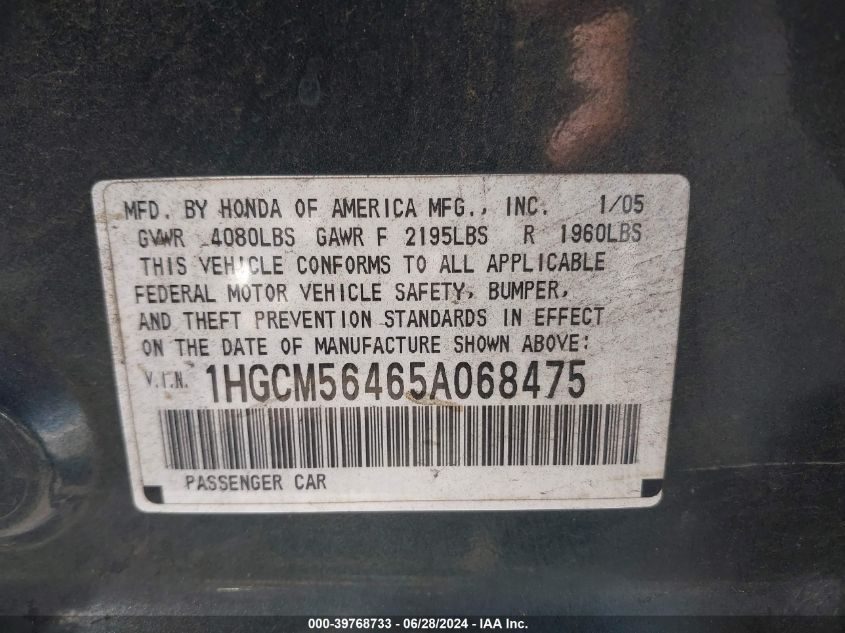 2005 Honda Accord 2.4 Lx VIN: 1HGCM56465A068475 Lot: 39768733