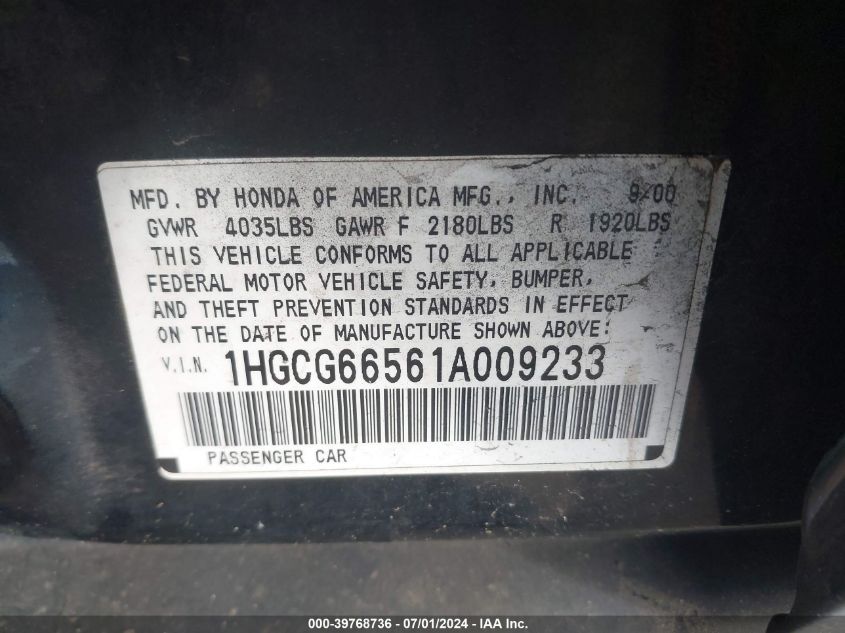 2001 Honda Accord 2.3 Lx VIN: 1HGCG66561A009233 Lot: 39768736
