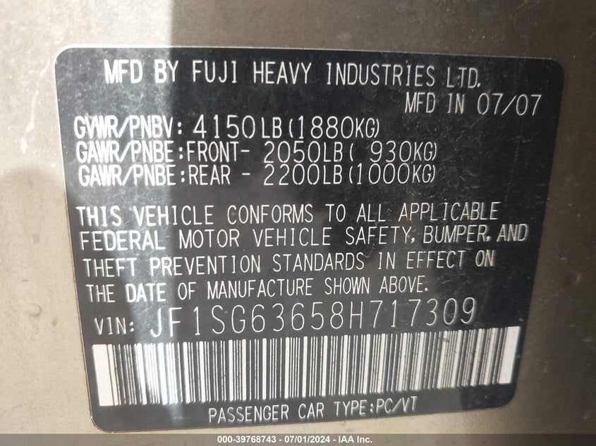 2008 Subaru Forester 2.5X VIN: JF1SG63658H717309 Lot: 39768743