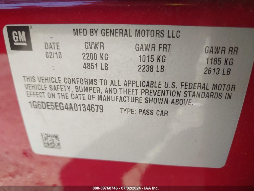 2010 Cadillac Cts Luxury VIN: 1G6DE5EG4A0134679 Lot: 39768746