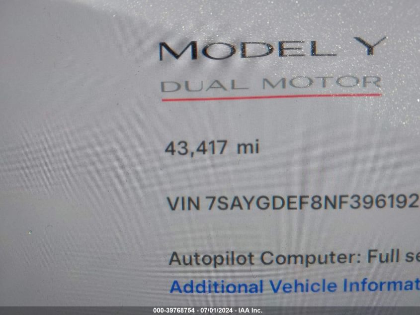 2022 TESLA MODEL Y - 7SAYGDEF8NF396192