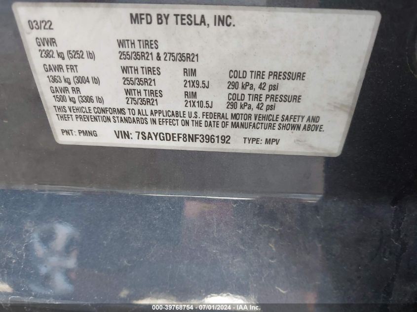 2022 TESLA MODEL Y - 7SAYGDEF8NF396192