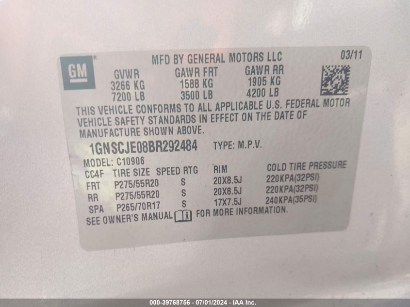 2011 Chevrolet Suburban 1500 Lt1 VIN: 1GNSCJE08BR292484 Lot: 39768756