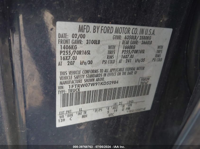 2001 Ford F-150 Harley-Davidson Edition/King Ranch Edition/Lariat/Xlt VIN: 1FTRW07W91KD52984 Lot: 39768763
