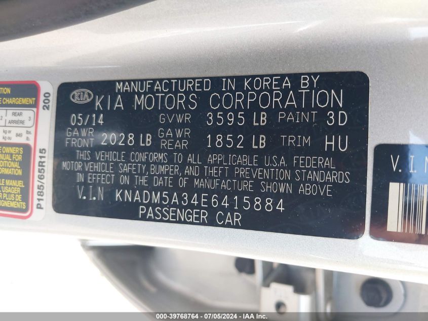 2014 Kia Rio Lx VIN: KNADM5A34E6415884 Lot: 39768764